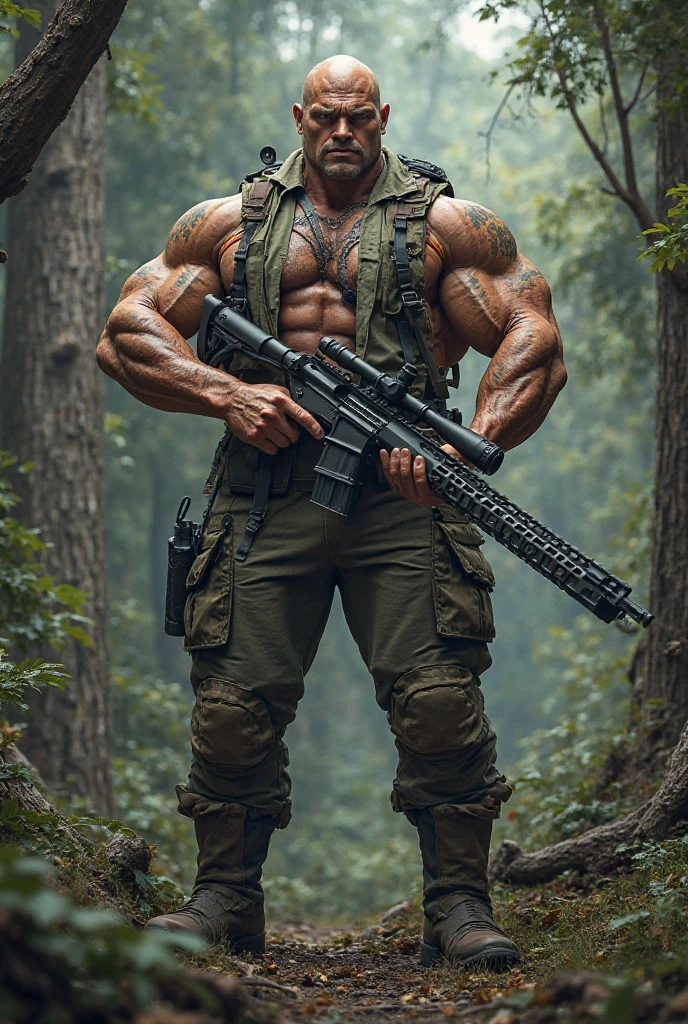 ((best quality)), ((masterpiece)), (detailed),male, perfect face, beard, tattooed, ripped, army officer, showcasing perfect biceps, veins pumping, Bodybuilder size,perfect sixpack abs, broad strong chest, wearing army camo pants, wearing a camo unbuttoned shirt, showcasing beautiful tattoos, huge muscles, tattooed, sexy aura, strong and protective, has to keep you save, forest in the background