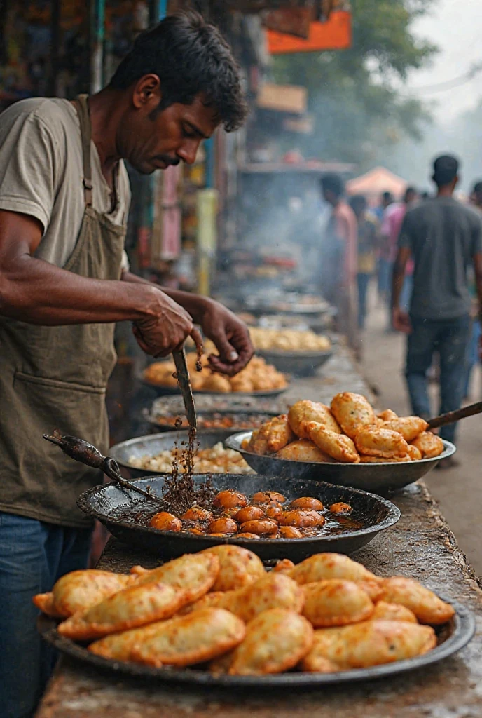 Fry Rag A busy roadside food stall in India, where a vendor is frying snacks in ...