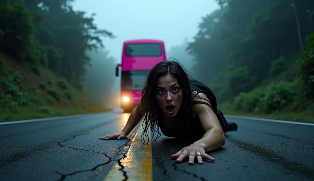 A hyper-realistic horror scene set on a narrow, winding Brazilian highway at night, surrounded by dense forest and tall vegetation. The scene focuses closely on a terrified young woman crawling desperately on the wet, cracked asphalt. Her face is shown in painful detail—eyes wide open in shock and fear, mouth slightly open as if gasping or screaming, her expression frozen in sheer panic. Her messy, tangled hair sticks to her dirt-smeared face, and she's wearing a torn, mud-stained dress. Her outstretched hand reaches directly toward the viewer, as if begging to be saved, pulling the viewer into the scene.

Next to her is a battered backpack, torn and soaked, suggesting she’s been running or hiding for a long time. Behind her, standing ominously in the middle of the road, is a man with a threatening silhouette, partially lit by the headlights of a large, modern, double-decker Brazilian bus. The bus is bright pink, standing out vividly in the darkness, parked on a sharp curve of the narrow road.

The air is thick with fog, and the forest closes in tightly around the road, casting twisted shadows from the trees. The scene is dimly lit with the eerie mix of moonlight and vehicle headlights, creating an intense, cinematic atmosphere. Every element—the woman’s anguished expression, the looming danger behind her, the strange setting—combines to form a haunting, deeply unsettling image meant to grip viewers immediately and leave a lasting impression.