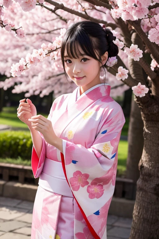 Best-quality, Masterpiece, Ultra-High-Resolution, (Photorealistic:1.4), Raw-Photo, 1girl, the most famous Japanese idol, wearing Japanese-KIMONO, upturned ass that wearing Japanese-KIMONO, looking at viewer, innocent-smile, the most cute face, the most beautiful big-eyes, the most beautiful hair, the most beautiful skins, the most beautiful long-eyelashes, the most beautiful lips, the most beautiful hip