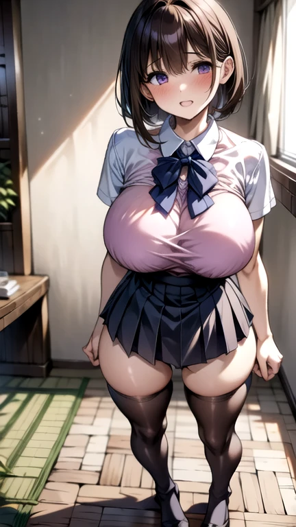 obese, 1girl, wide_thigh, young, age, underwear, looking down, spreading legs wide, fluffy below eyelashes, gigantic and obese breast, pubic_hair, string_crotch