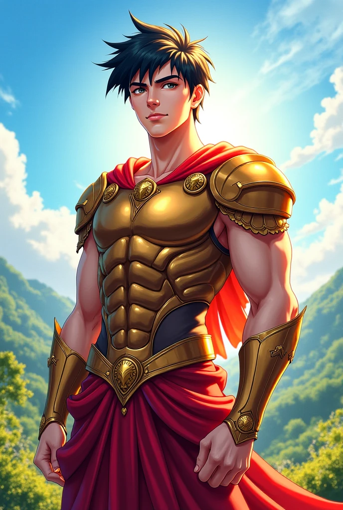 chiaroscuro technique on sensual illustration of an masculine, 26-year-old Italian male model, handsome Roman, (John Cena) he is the god of war, he is Ares, Mars, evil-looking, strong look, light blue eyes, strong jawline, dressed as a gladiator, ancient gladiator, male gladiator skirt, matte painting, by Harumi Hironaka, extremely soft colors, vibrant, pastel, highly detailed, digital artwork, high contrast, golden dramatic, refined, tonal, an intimate, seductive studio setting with a focus on sensuality and romance. Utilize soft, warm lighting that bathes the space in a gentle, inviting glow. Incorporate luxurious fabrics, plush furnishings, and a touch of decadence to evoke an opulent ambiance. The scene should exude an air of serenity and anticipation, inviting the viewer into a sensual and romantic space