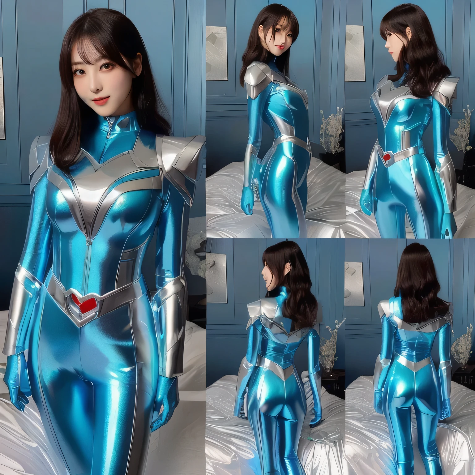 arafed woman in a shiny blue and silver suit sitting on a bed, tight light blue neopren suits, metallic cyan bodysuit, cyber universe style, as a retro futuristic heroine, cyber japan armor, tokusatsu suit vaporwave, blue and ice silver color armor, futuristic glossy latex suit, chrome bodysuit, cybersuits, cyber japan style armor