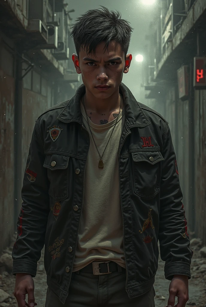 A toxic boy standing in front of Bugatti who have toxic tatoo on his chest and 03 tatoo on his neck in infected area.