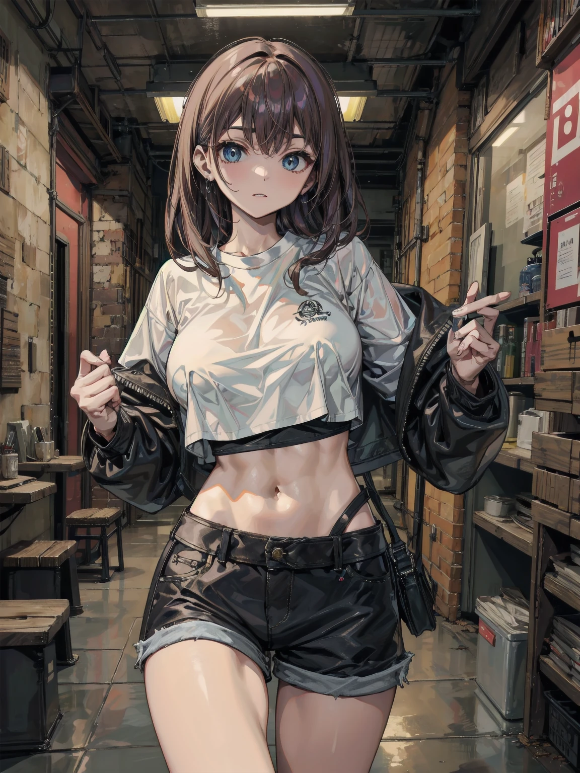 ((Medium chest, Long hair, small head)), Daylight, Sunlight, (well-defined abs: 1.1), (Perfect body: 1.1), (short wavy hair: 1.2), Russet Hair, Collar, chain, Full body photo, Shabby street, wearing a black tank top, Denim jacket, ((Shorts)), (Very detailed CG 8k wallpaper), (Extremely delicate and beautiful), (masutepiece), (Best Quality: 1.0), (Hyper-Resolution: 1.0), Beautiful lighting, Perfect Lightning, Realistic Shadows, [High resolution], detailed skins, ultra-detailliert