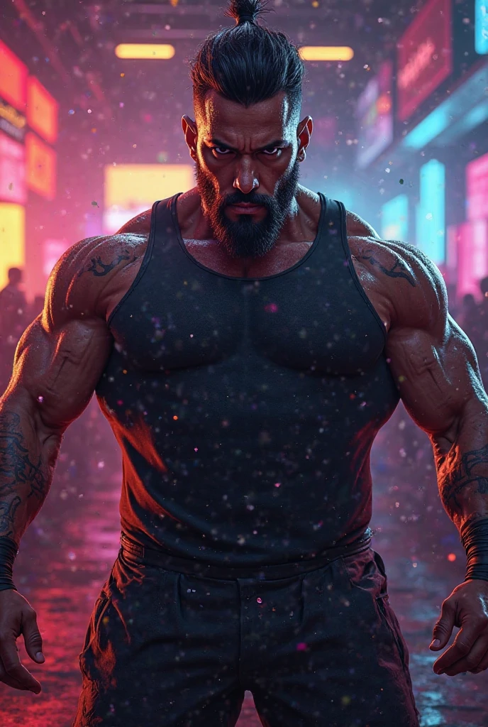 Macho、Shaved head、manly、Brown skin、Torn clothes、Hairy、Pectoralis major、Abdominal muscles、Your body is wet、Highest quality、high resolution、looking at the camera、full moon、Cyberpunk cities in science fiction movies、ruffian