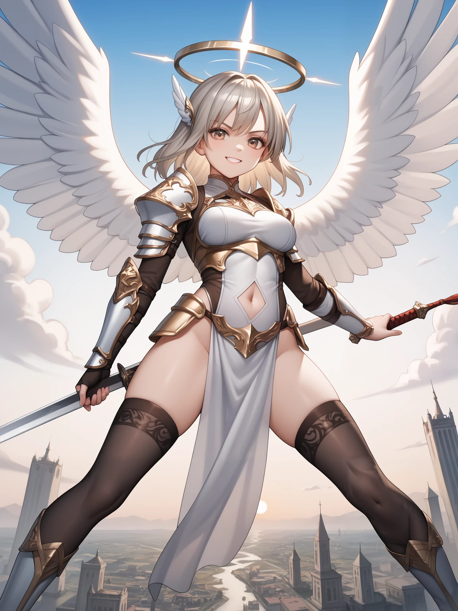fantasy, 1angel_girl,(young_teen:1.5), ,brown_hair, medium_bob_hair, long_bangs, halo,bare_shoulder,thighhighs,silver_armor, waist_armor, large_breasts,1pair_wings, dynamic_pose_fighting,floating, bare_crotch, headgear,gauntlet, greaves,city_landscape_background,slightly_spread_legs, solo, groin_naked,smile