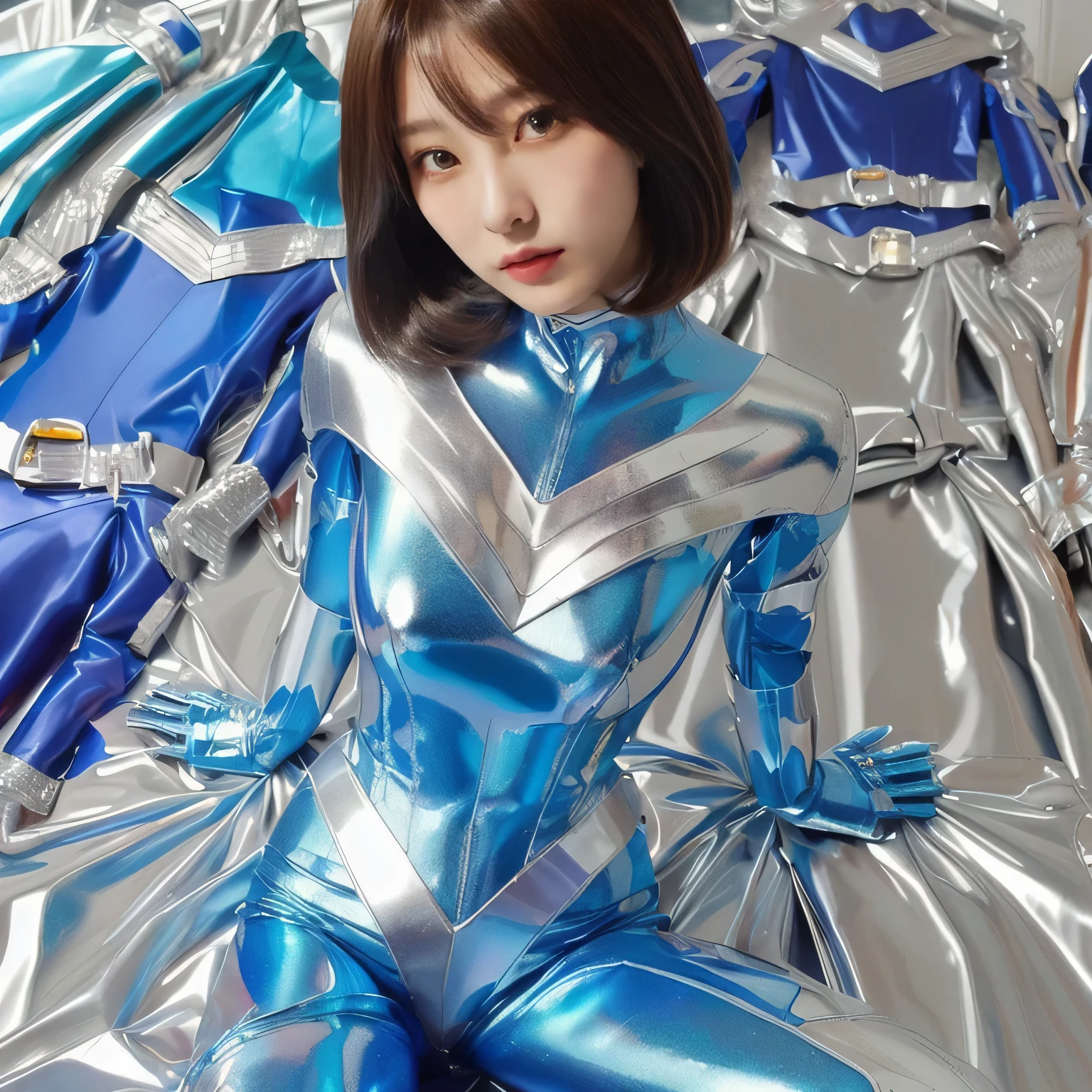 arafed woman in a shiny blue and silver suit sitting on a bed, tight light blue neopren suits, metallic cyan bodysuit, cyber universe style, as a retro futuristic heroine, cyber japan armor, tokusatsu suit vaporwave, blue and ice silver color armor, futuristic glossy latex suit, chrome bodysuit, cybersuits, cyber japan style armor