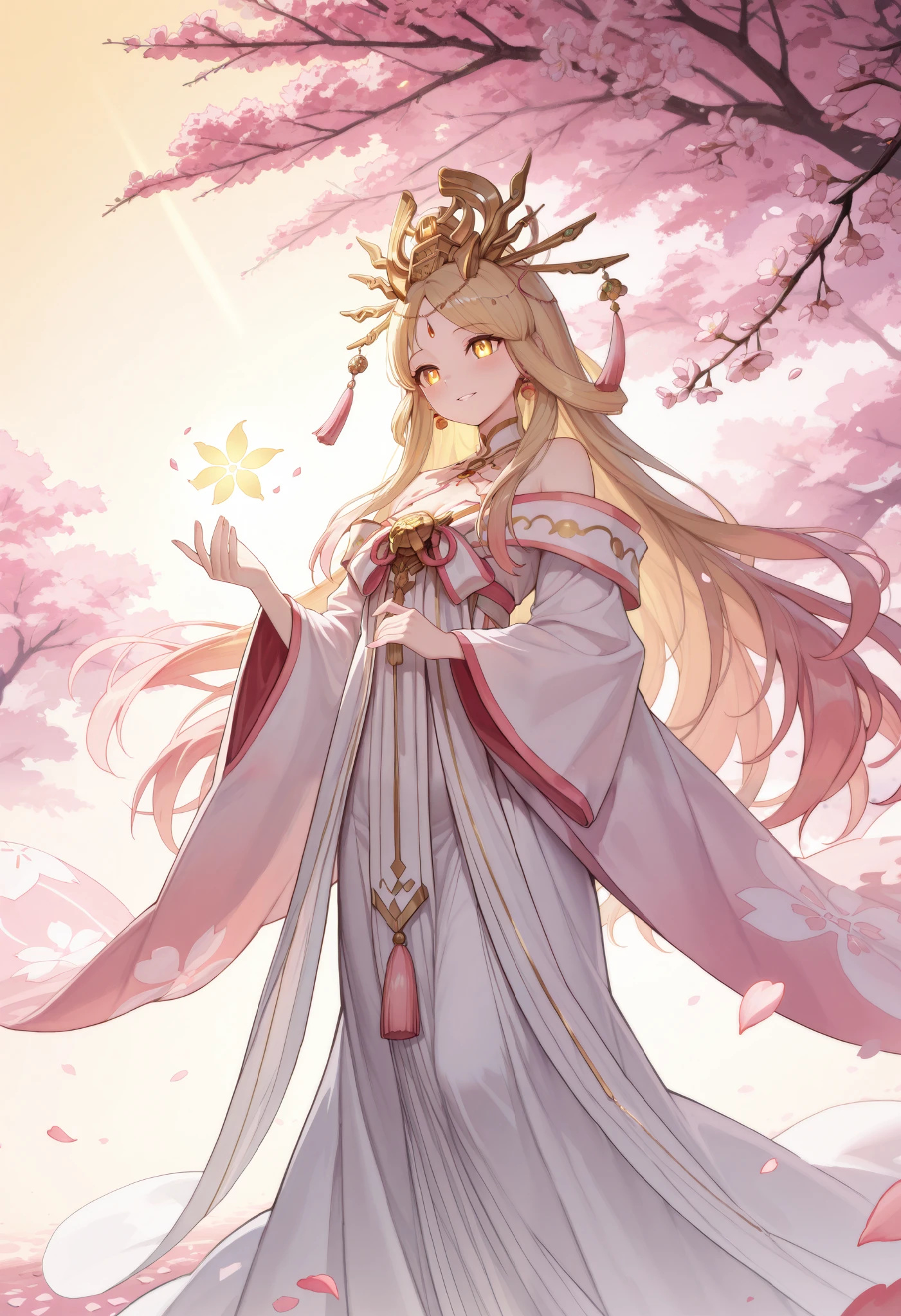 A Western-style cherry blossom goddess, wearing a flowing dress with a gradient from white to soft sakura pink. Her golden hair is adorned with delicate cherry blossom ornaments. In her hand, she gently holds a blooming cherry tree branch, admiring the beauty of the blossoms with a delighted expression. The rising morning sun casts a warm, golden light, slowly illuminating her radiant beauty and the delicate pink petals around her. The scene is filled with a soft, ethereal glow, enhancing the divine and serene atmosphere