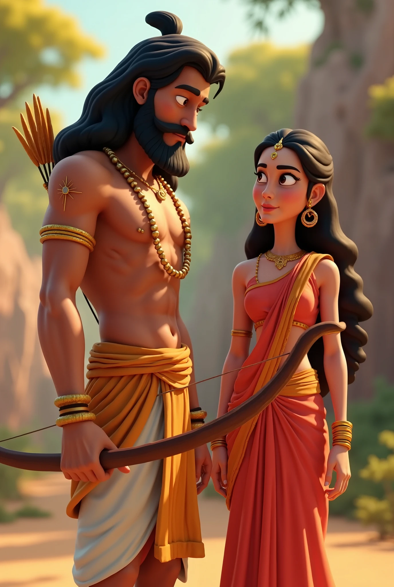 Sita, the princess of Mithila, held a swayamvara where many princes failed to string a heavy bow, but Rama effortlessly accomplished the feat, winning her hand in marriage. Make it cartoon and cute but they are adult
