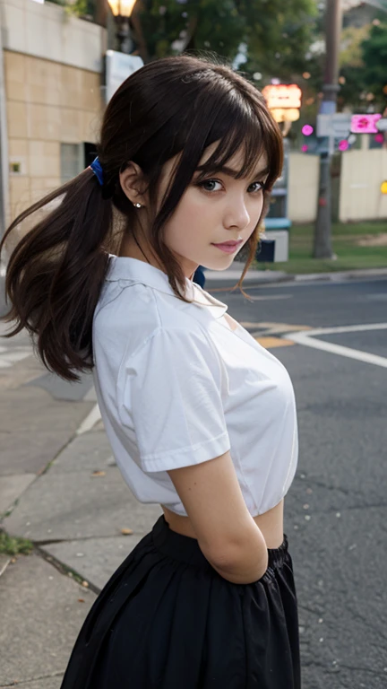 Realistic),(High resolution close up), , ultra high density skin, Beautiful lightning, Awards - Winning Photos,、15歳の日本の女子高生flat chest、、(beautiful medium-sized breasts:)Beautiful Eyes、Clear Eyes、Show your boobs、 (Very few、flat、((Cute mini skirt))、((White shortsTPut on a shirt))、Twin tails、on the road、Show your 、