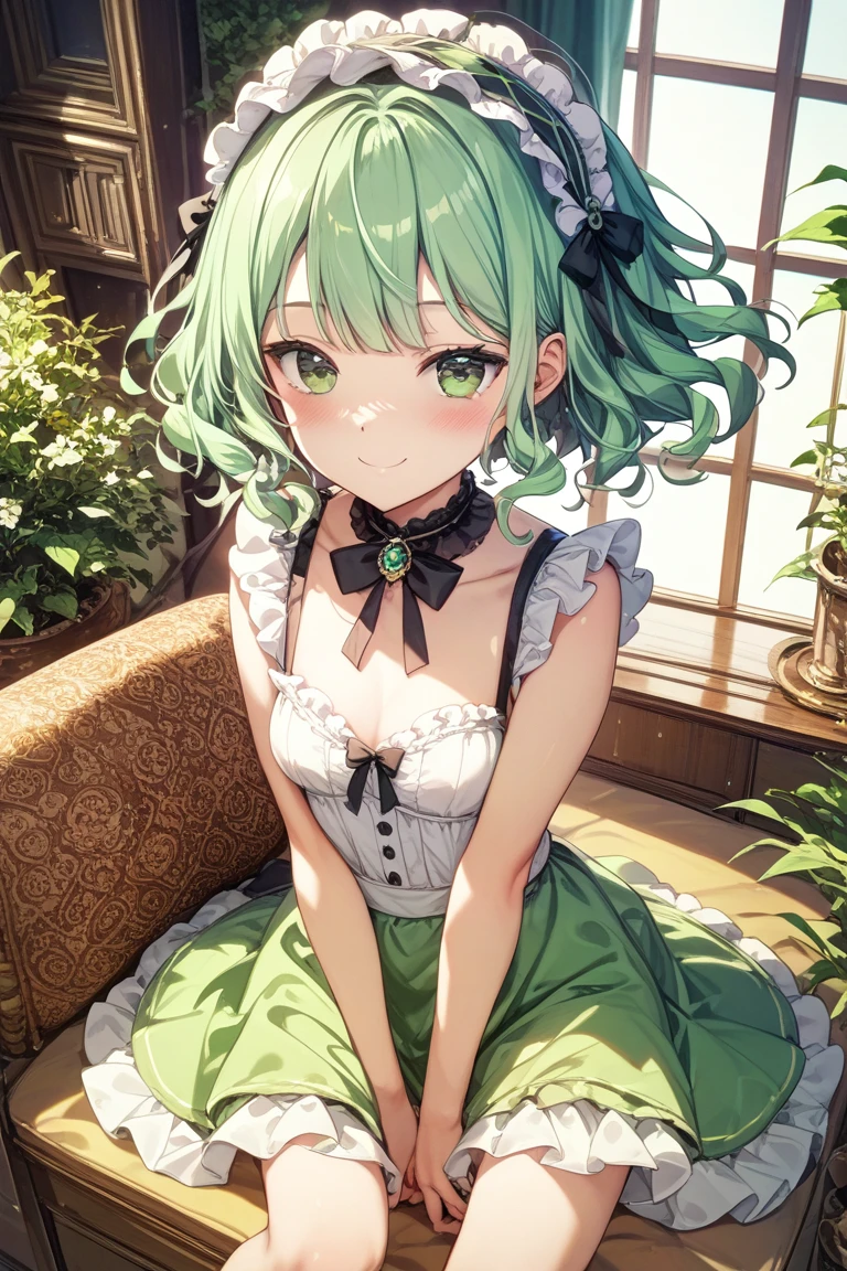 Tabletop, Highest quality,  One Girl,smile,komeiji koishi, Have,Have bow,Green Hair,Green Eyes(Heart Eyes),Symbol-shaped pupil, eyeball,Bedroom Background,Full nudity、The face of rutting、courtship attitude、Slender　Futanari