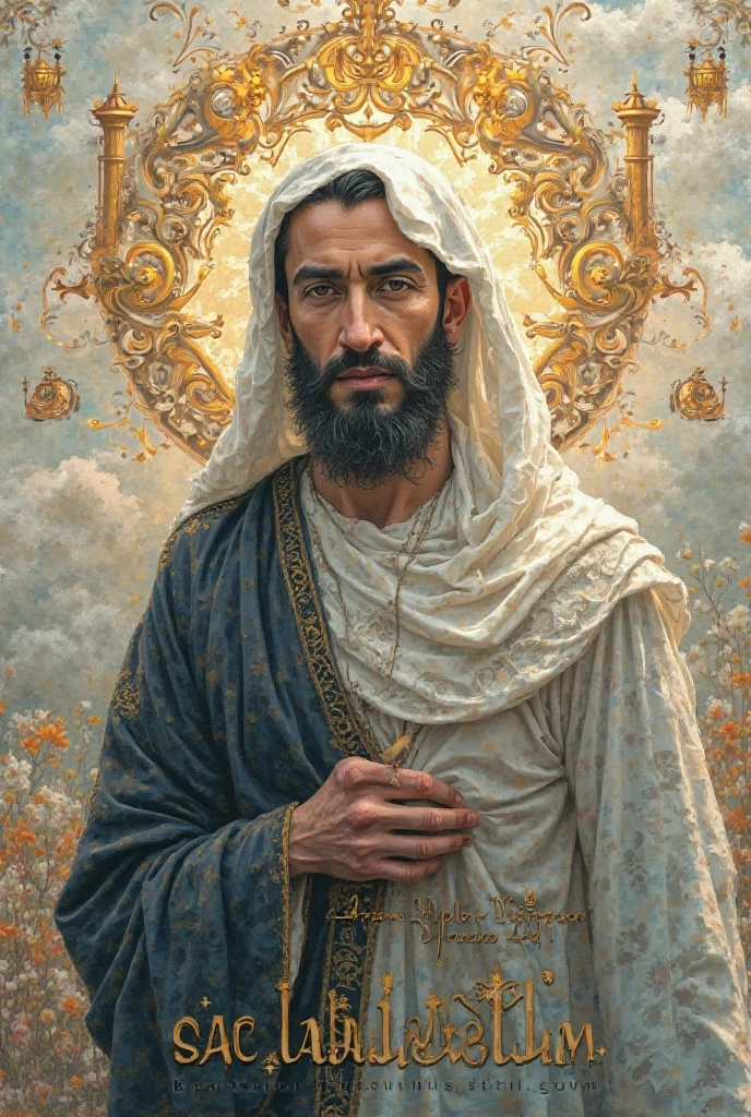 Old orthodoxe painting of the prophet Mohamed with flowers in a frame, in a sacred orthodoxe style. Icone orthodoxe. Medieval, iconographie religieuse, neo gothique. Vitrail