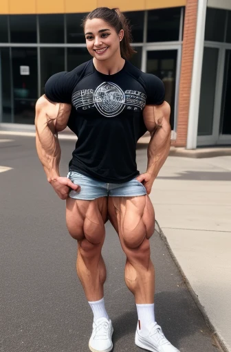 a chinese bodybuilder,30 years old,Tall and handsome, toned body,short hair, O-shaped beard,Perfect body, Dark and shiny complexion,Smooth skin,The body is hairless,Muscle bulge, muscular, Very big pecs,Very sexy abs,Leg muscles are very developed,Huge bumpy area,Brighten oily skin,Wearing a gold leather shiny thong,handsome face, Correct and accurate male body proportions, full-body shot, shiny muscular skin,wear white socks,standing among flowers,Surrounded by colorful flowers。