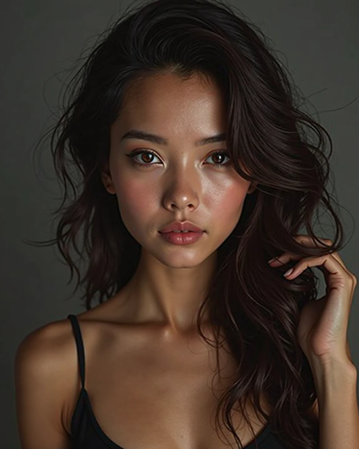 Beautiful girl with wavy long hair, bohemian dress,