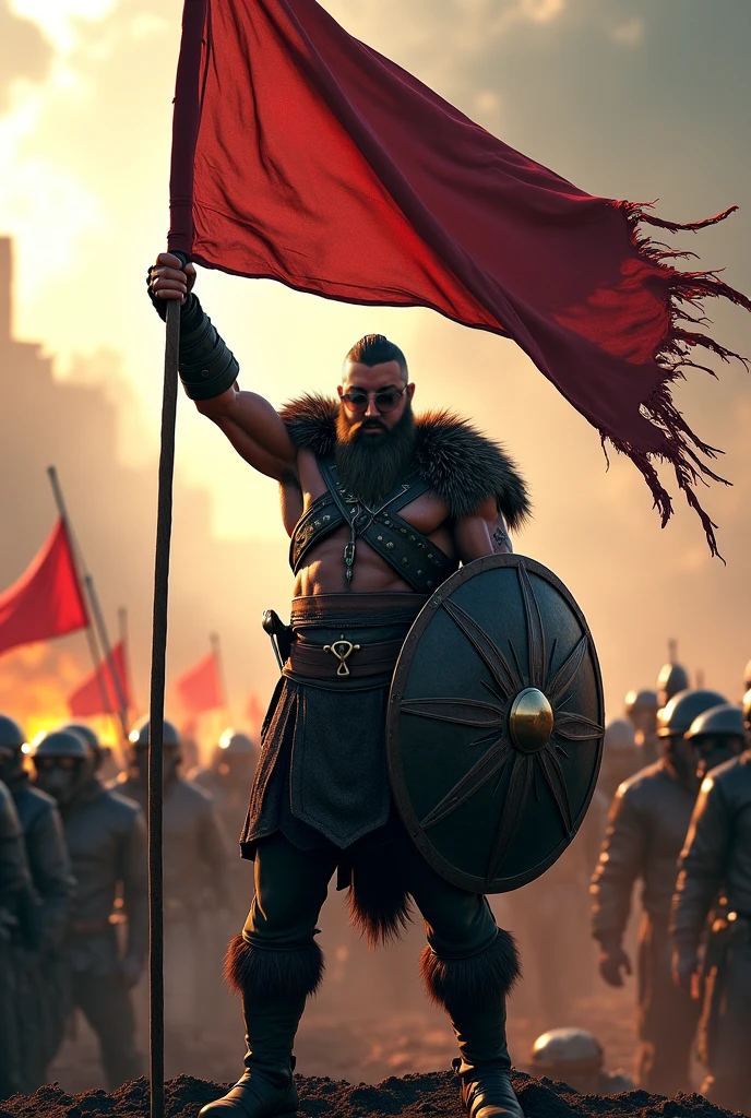 crie uma imagem de um homem vencendo uma guerra segurando uma bandeira com este símbolo ♂ estampado nela