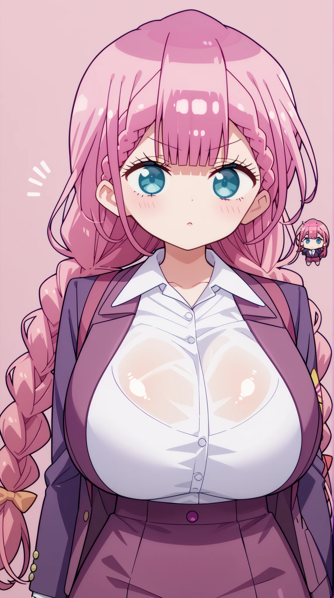 1girl, pink hair, beret, blue shirt, scarf, wavy mouth, shy, timid, wavu hair, long hair, shirt, skirt, miniskirt, pantyhose, huge breasts, thick thighs, black pantyhose, green eyes, red glassea, glasses, mature female, 
