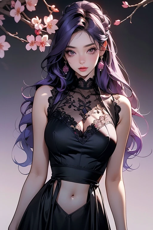 A 20 year old long pink mix black haired woman, pink jewelry eyes, with dragon horns on top of her head. look graceful yet intimidating. wearing black dress. make it with pink flower background and in anime style
