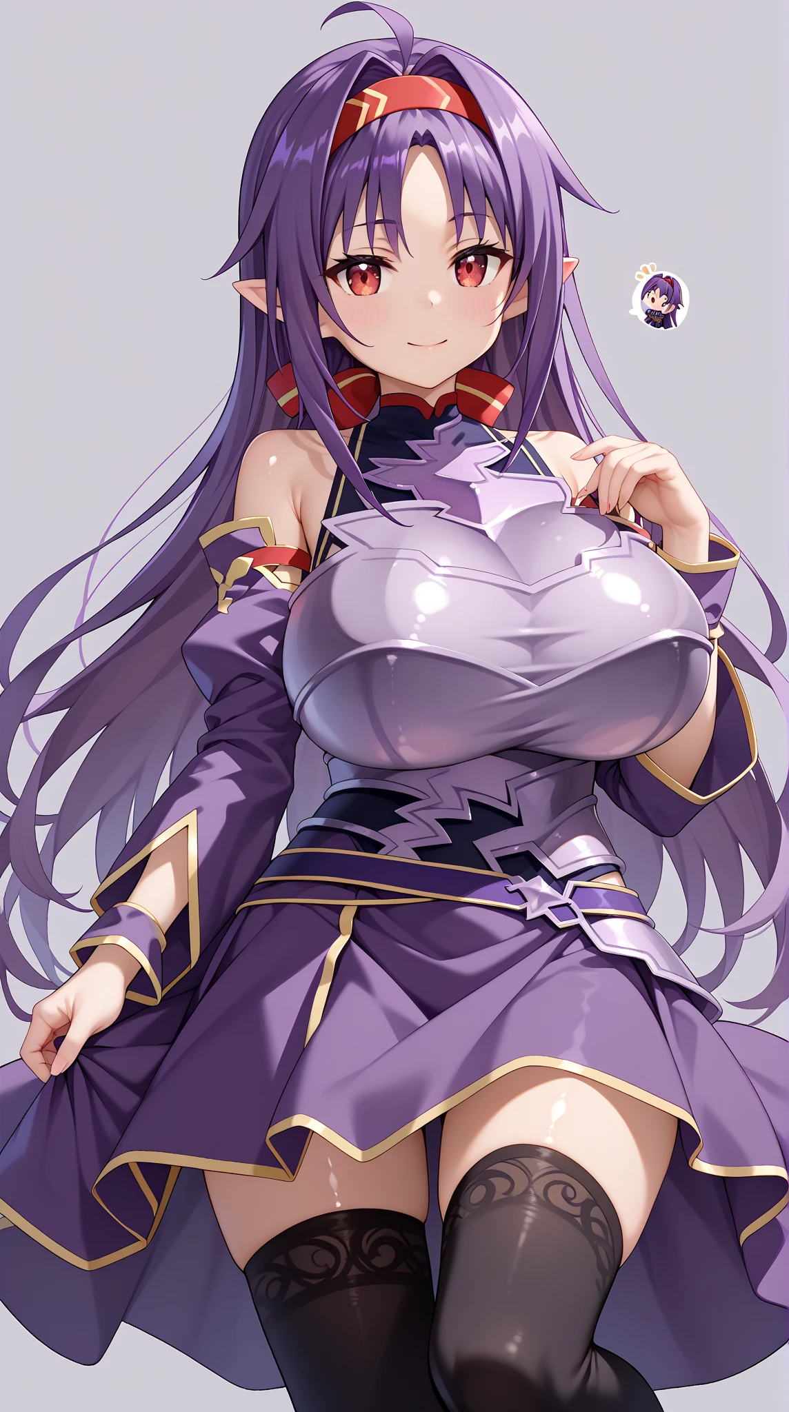 A 1000 year old sorceress, with purple hair and big breasts smiling.