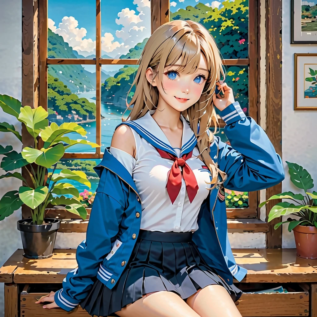 1girls, solo person， (Masterpiece:1.1), (Best quality:1.1), (White blouse:1.1),  Break [Blue:Pink:0.5] theme, Cowboy shot, s whole body，Look at the audience，Break open blonde hair,long haired,exquisite facial features，fair white skin，Slender beautiful legs，The Perfect Hand，Blue eyes, Blue witch hat，Small blue shawl，White top，Blue pleated skirt，White sneakers，Seated position，forest backdrop，Sell moe