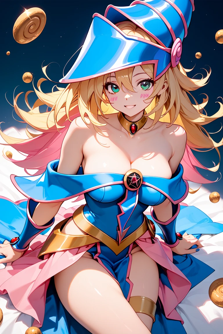 (Obra maestra:1.2), (La mejor calidad:1.2), Perfect lighting, Chica Maga Oscura lanzando un hechizo, flotando en el aire, tetas grandes, escote, fondo de magia. Corazones transparente en el hambiente, blue robe, sombrero grande, desde arriba, Destellos, Yugioh Card en el fondo