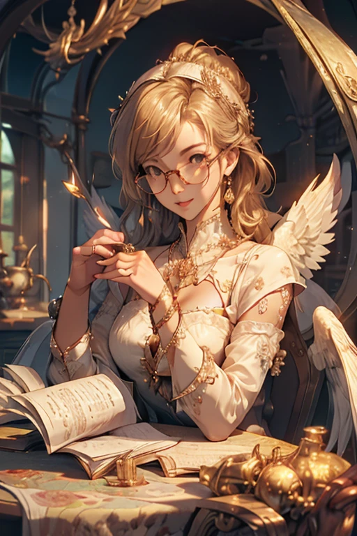 Highest quality、masterpiece、High sensitivity、High resolution、Detailed Description、Slender women、A cup bust、Glasses、Circle of angels overhead、Large wings of an angel、Floating above the desolate wasteland、