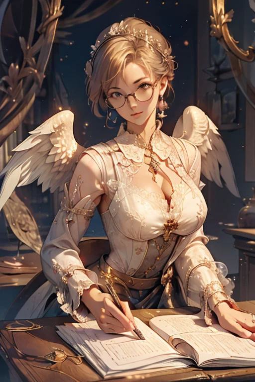 Highest quality、masterpiece、High sensitivity、High resolution、Detailed Description、Slender women、A cup bust、Glasses、Circle of angels overhead、Large wings of an angel、Landing on the desolate land、