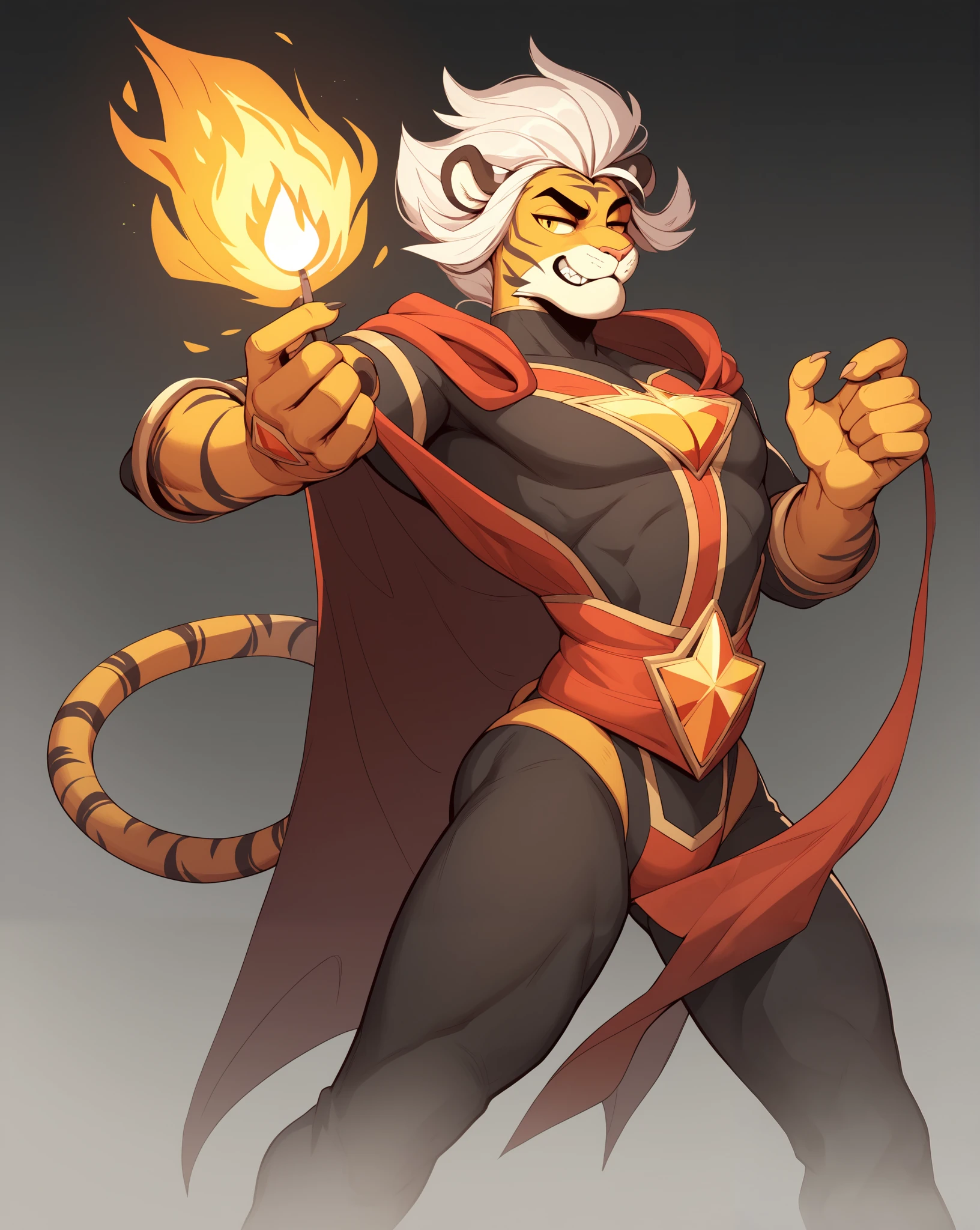 A male tiger superhero named Ashe, also known as Igneous, stands heroically in a dynamic pose against a backdrop of smoldering embers and glowing coals. His red supersuit, adorned with a vibrant yellow flame emblem on his chest, shimmers as he holds a swirling ball of fire in his hand, casting a warm, golden light on his face. His gray and white hair contrasts beautifully with the fiery hues, while gray stripes on his tail emphasize his tiger heritage. The scene is bathed in a warm, inviting glow, capturing the essence of his passionate and energetic personality.
