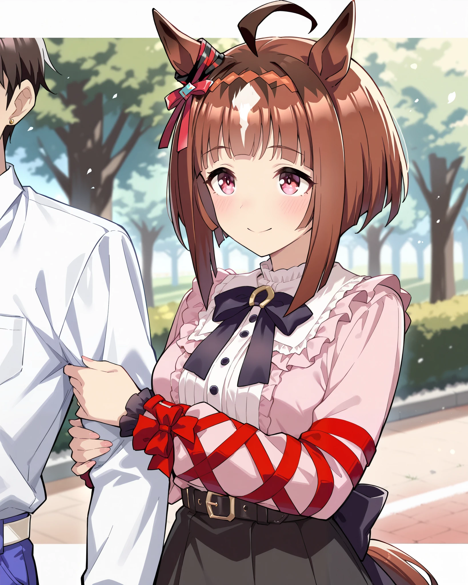 score 9, score 8 up, score 7 up, ultra-detailed, (best quality, (((masterpiece))), ultra detailed, ultra high res, absurdres, high-resolution, highest quality, very aesthetic, textile shading), source anime, (detailed eyes), (detailed face), , , BREAK, ( ), (1girl), (1boy), ((transcend /(umamusume/))), alternate costume, (jirai kei), faceless male, , dating, smile, looking ahead, belt, pink dress, black skirt, frills, brown hair, multicolored hair, red eyes, white hair, streaked hair, outdoors, blurry background,