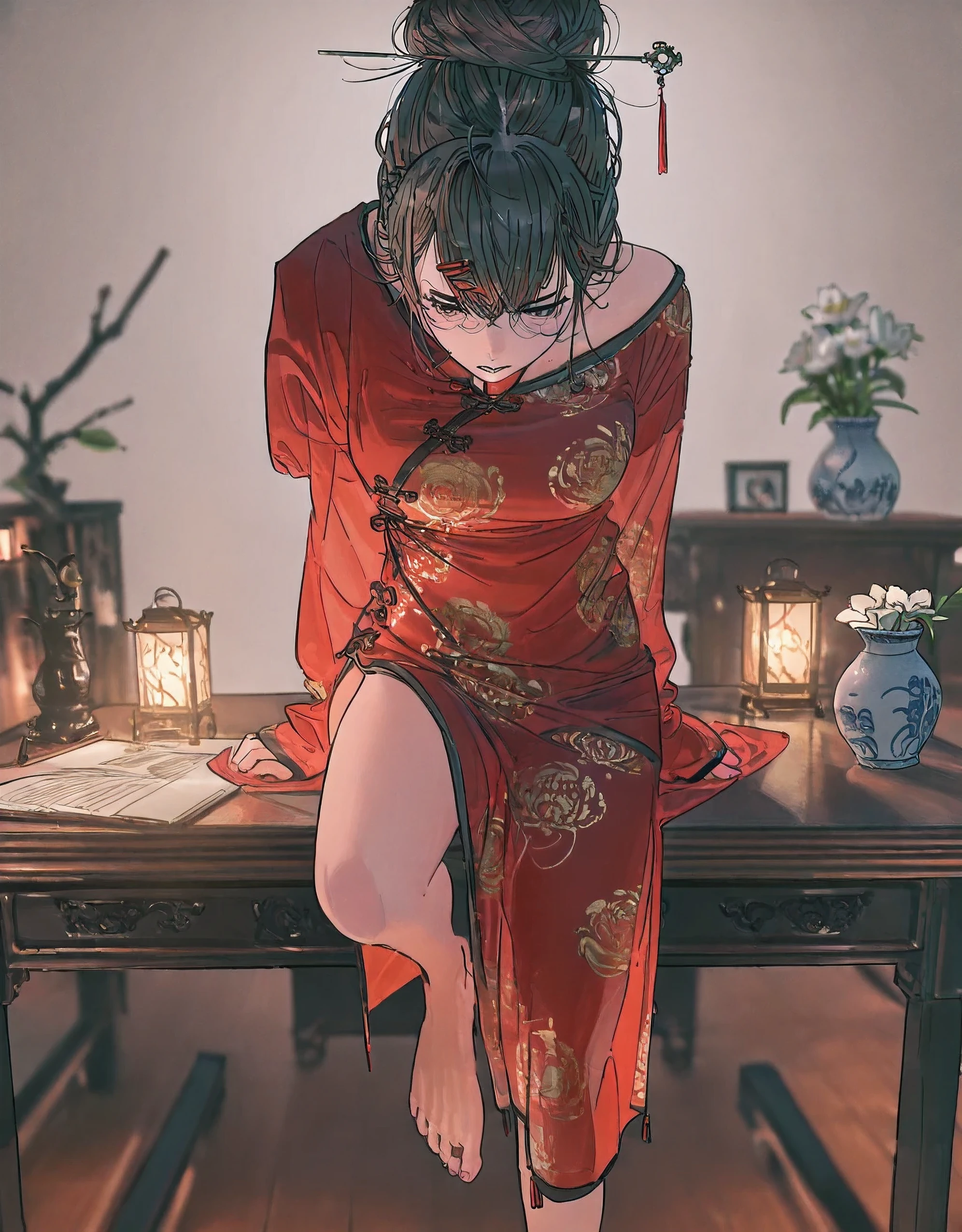 top-quality、hight resolution、super precision、masterpiece、8K、(1人の女性)、(((extra detailed face)))、8 head body、
(Composition seen from the back)、(sit in front of the bed)、The crotch is visible、Making Shina、seductiv、
red blush、agitation、Sweat on the face、Sweat on the body、plump eyes、((big light in my eyes))、Eyes sparkle、Wet eyes、
(Love hotel rooms)、(Modern Japan)、Colorful、Fine skin、 (((pink long cheongsam dress)))、(Glittering embroidery)、off shoulders、thighs thighs thighs thighs、 ((Keeping hair together))、(Floral hair ornament)、Beautie、Embarrassing、Feels、(Hide your fingertips)、Refers to 5、