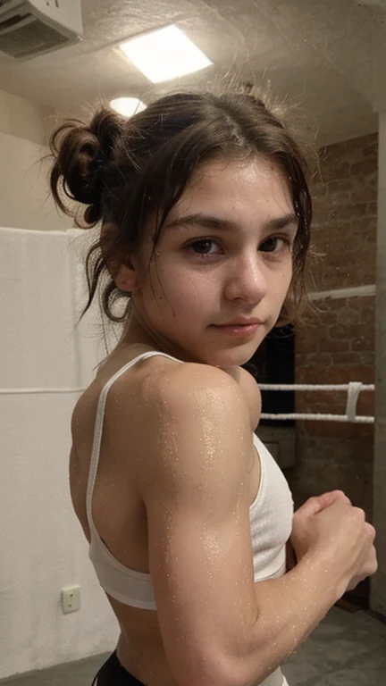 digital photograph of 13 year old girl (detail skin texture, ultra-detailed body), (cinematic light), long hair, brown hair, children's pigtails hair, smile, brown eyes, lips, parted lips, shirt, yoga shorts, bare shoulders, gaming chair, sitting, pink headphones, gaming room, pink room, neon lights(bukkake:1.4)