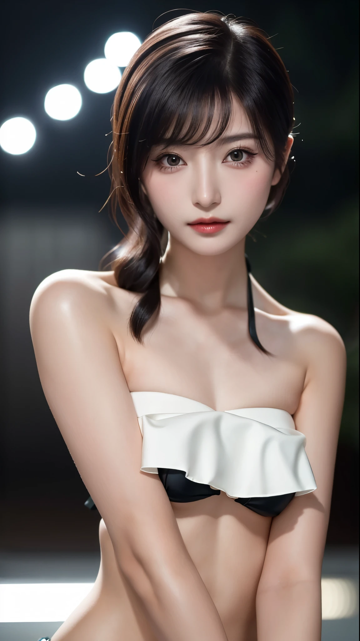 masterpiece, Beautiful girl, detailed, Swollen eyes, (Wear a strapless camisole that exposes skin.:1.6)、highest quality, 超A high resolution, (reality: 1.4), Original photo, One Girl, Cinema Lighting, (Laughter:0.6), Japanese, Asian Beauty, Korean, Proper, really beautiful, A slightly younger face, Beautiful skins,Orange Hair、 Slim and small chested, Wear a strapless camisole that shows off your body lines:1.6、Night view background, (超reality的な), (Consciousness upward), (High resolution), (8k), (非常にdetailedな), (The best Consciousness upwardns), (Beautiful and detailed eyes), (超detailedな), (wallpaper), (detailedな顔), Looking at the audience, 細かいdetailed, detailedな顔、Deep Shadow、Inconspicuous、Pure erotic face ace_v1、46 point diagonal bangs、Look straight ahead、I can see her small, flat chest、Eye color: black、