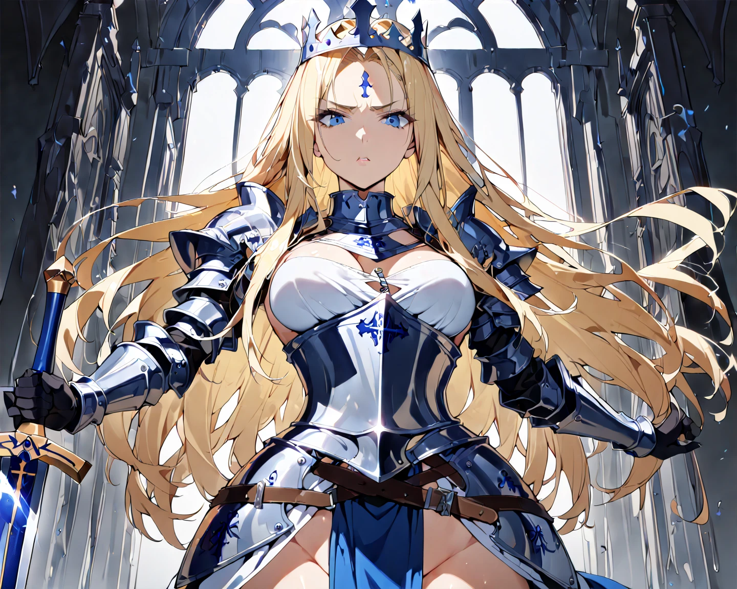 A woman with long blonde hair, with blue eyes, wearing segmented armor, wearing a centurion's helm, with a red cape, outside a Roman colisseum