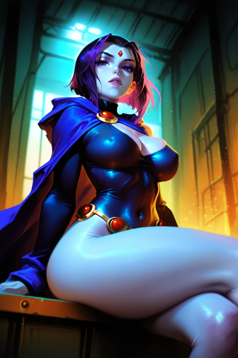 Hyperrealistic masterpiece brunette short hair ((with glowing colorful fringe)) Superheroine in detailed tight plugsuit ((with white cape)) in Bloodbourne style, cinematic illumination : Black Ink Flow: Ultra HD