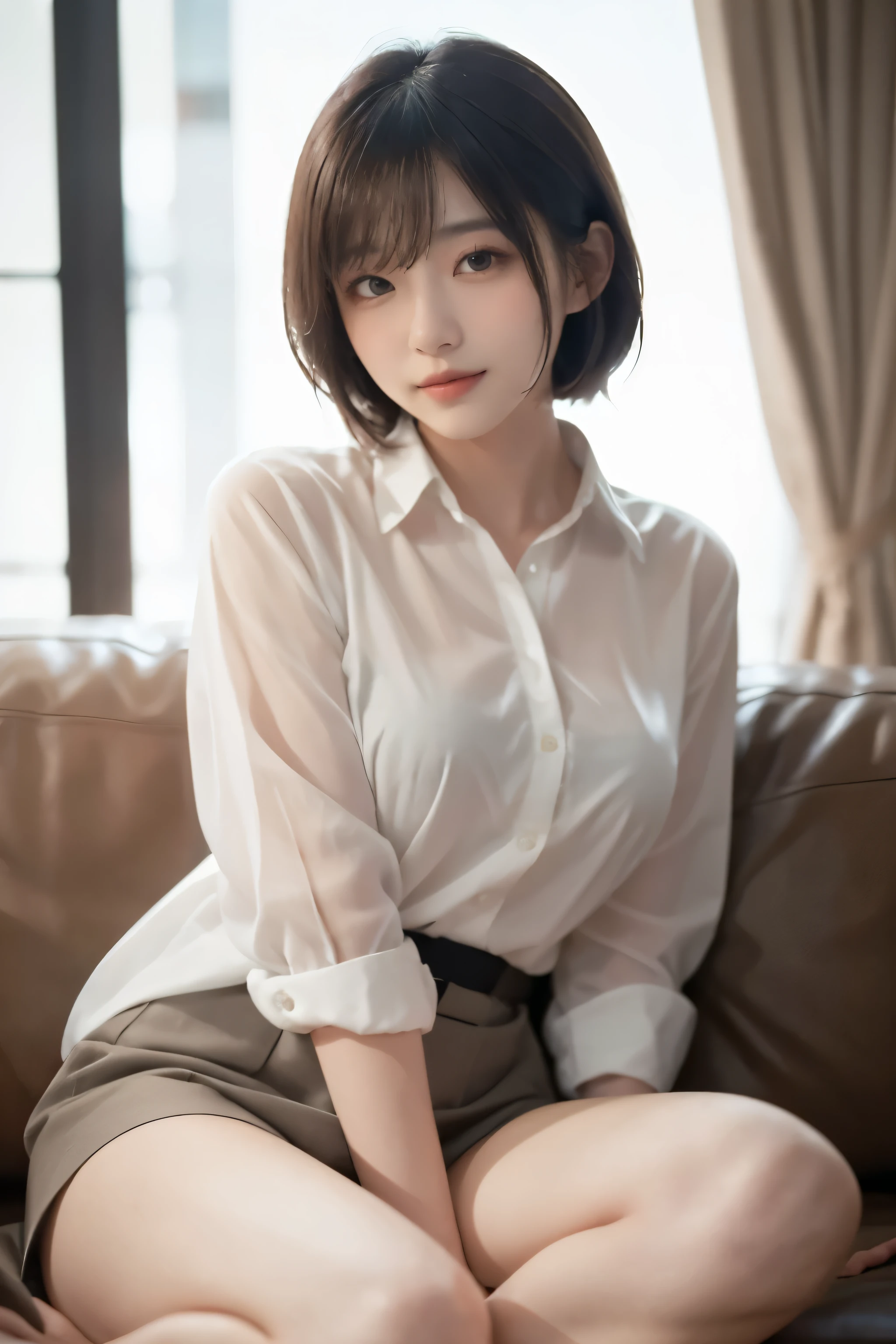 (8k, Best Quality, Masterpiece: 1.2), (Realistic, Photorealistic: 1.37), Super Detailed, 1 Girl, Cute, Alone, Beautiful Detailed Sky, Detailed Cafe, Night, Sitting, Date, ( Nose blush), (smile: 1.15), (close mouth) small breasts, beautiful details, (collared shirt: 1.1), night, wet, business wear, rain, white lace, (short hair: 1.2), floating Hair NovaFrogStyle,
