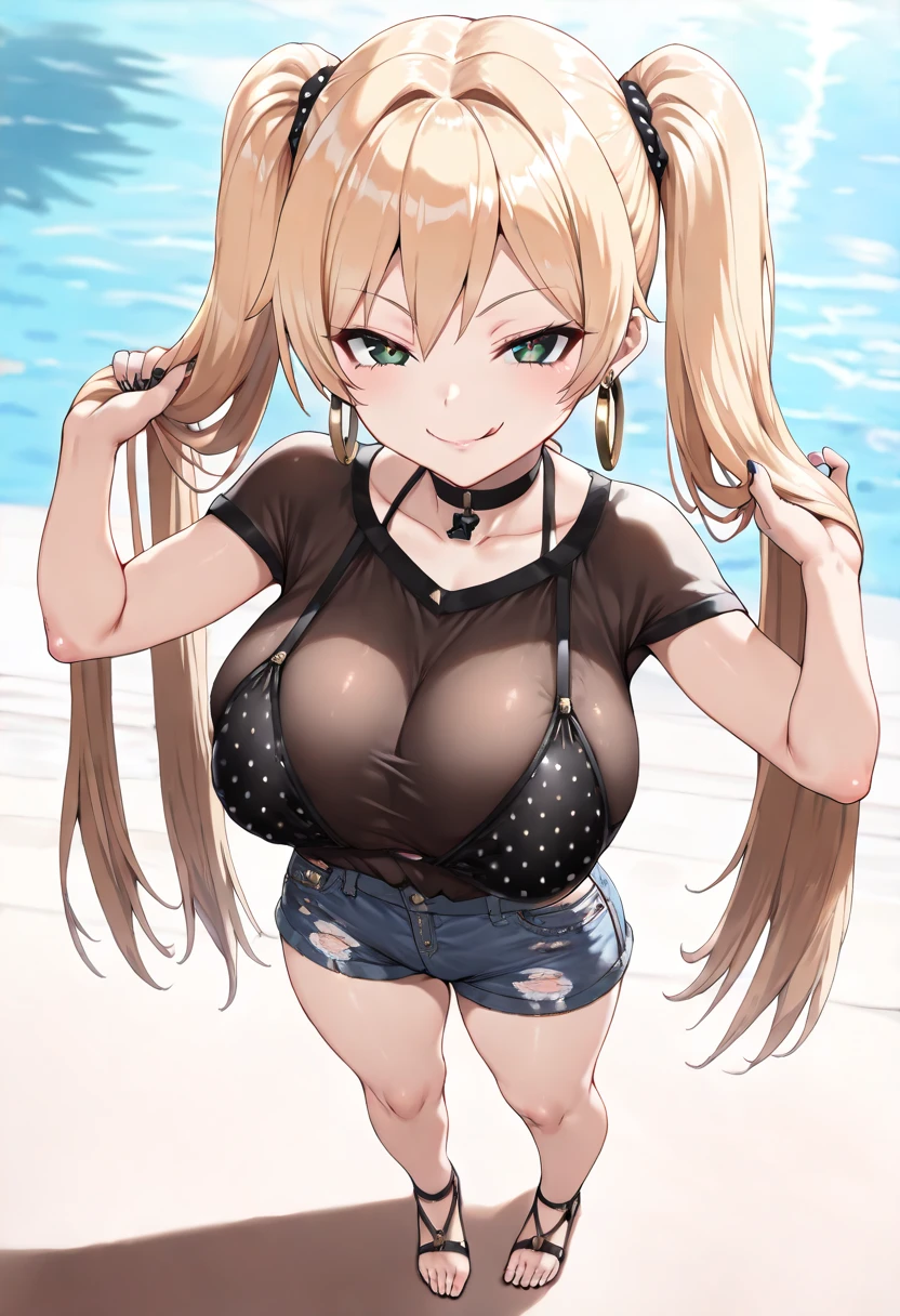 masterpiece, best quality, ultra detailed, detailed eyes, sparkling eyes, (nsfw), nude, huge breasts, The image depicts an anime-style character with a vibrant and expressive appearance. She has long blonde hair styled in a high ponytail, secured with a black hairband. Her bright blue eyes are striking and exude a cheerful and lively demeanor. The character is wearing a black tank top that accentuates her figure and reveals her midriff, adding to her casual and energetic look. She is accessorized with a chunky, silver chain necklace that has a padlock pendant, giving her a slightly edgy appearance. Her wrists are adorned with black and gold bracelets, complementing her overall style. The character is positioned in a room with a large window that allows natural light to flood in, casting soft shadows and enhancing the warm, inviting atmosphere. Her pose is dynamic and engaging, as she appears to be leaning forward on her hands, suggesting a moment of interaction or playfulness. The background of the room is minimally detailed, with a focus on the character herself, ensuring that she remains the central element of the image. Overall, the image captures a sense of youthful energy and charm through its detailed and vibrant illustration style.