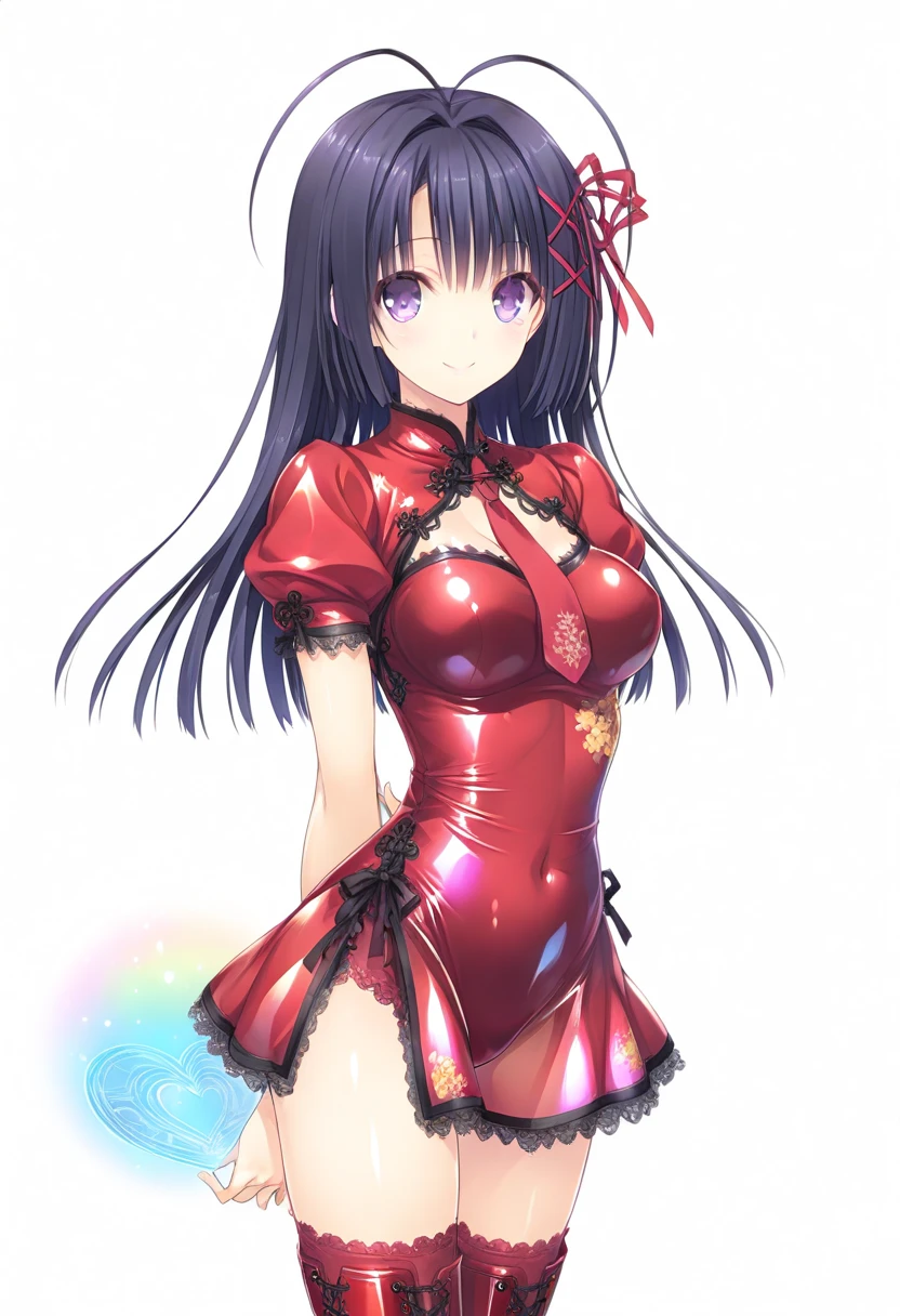 1girl,solo,cowboy shot,(standard height),standing,(black hair:1.8),long hair,ahoge,hairs between eyes,curly hair,(brown eyes:1.4),(beautiful fingers:1.2),(perfect anatomy:1.4),(arms_behind_back:1.6),(cold_shoulder:1.2),BREAK,(red leather lace glossy silk lamé china clothes:1.6),(red dress:1.2),(latex luster shiny glossy metallic:1.6),(shiny_clothes:1.6),small breasts,masterpiece,best quality,(Ultra high definition eyes:1.6),8k,(Beautiful detailed eyes:1.6),(Fine and beautiful eyes:1.6),(pretty eyes:1.6),finely detail,extremely CG, absurdres,high resolution,illustration,Detailed and beautiful outlines,finely detail,high resolution,(colorful refraction:1.4,Increase saturation:1.2),beautiful lighting,dynamic lighting,closed room,black background,simple background, smile,looking at viewer,yoshida yuuko \(machikado mazoku\),shamiko,(horns:1.2),(white Clear PVC sheets sleeves:1.4),(sheer sleeves:1.4),(see-through sleeves:1.4),(wide sleeves:1.2),(red thigh boots:1.2)