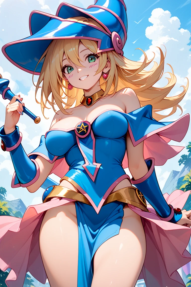 ((masterpiece,best quality)), absurdres, <lora:dark_magician_girl_v1:0.7>, hmdmg1, wizard hat, blush, blush stickers, cleavage, bare shoulders, dress, off shoulder, solo, smiling, looking at viewer, cowboy shot,