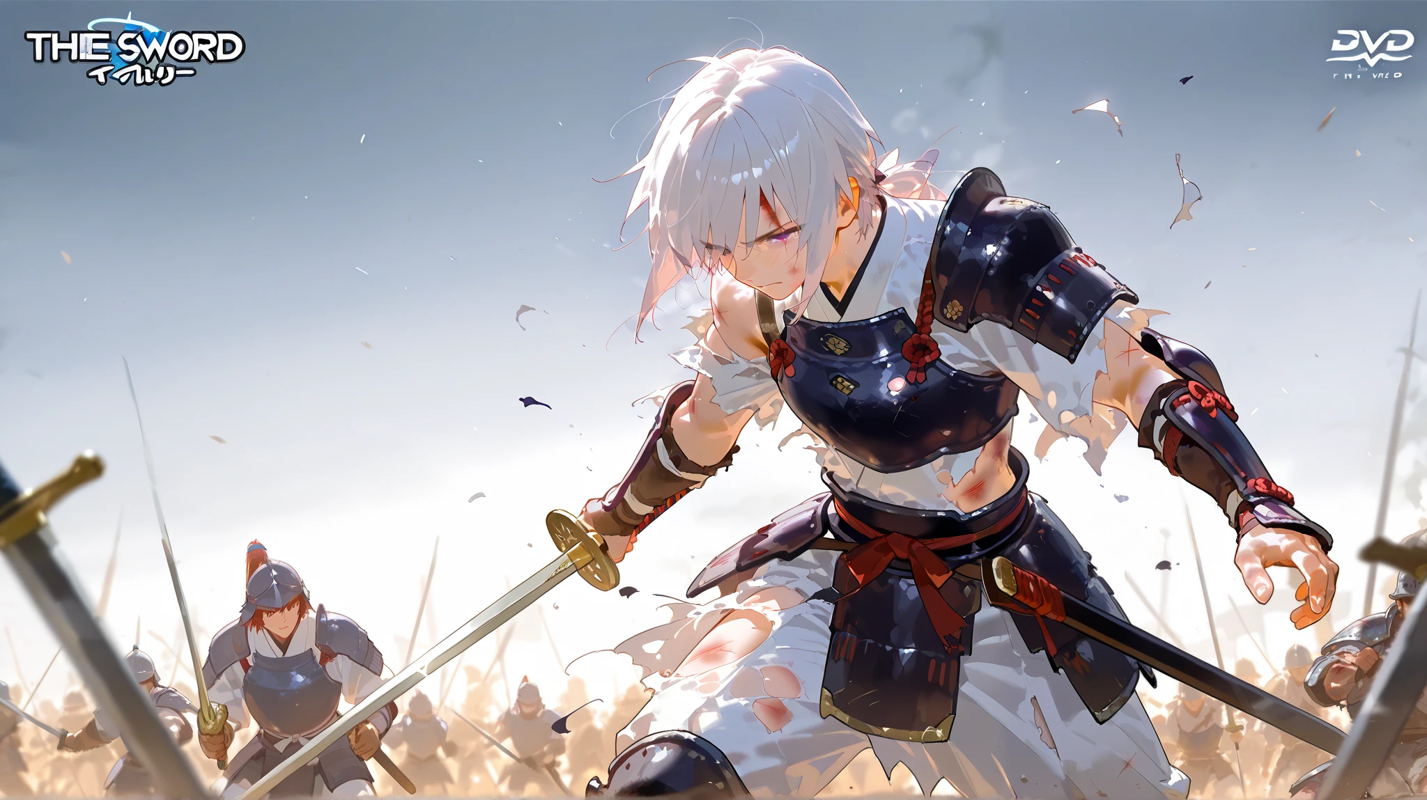 Japanese male warrior, Fit the sword exactly , On the battlefield, Torn Clothes, Injury , high quality DVD,