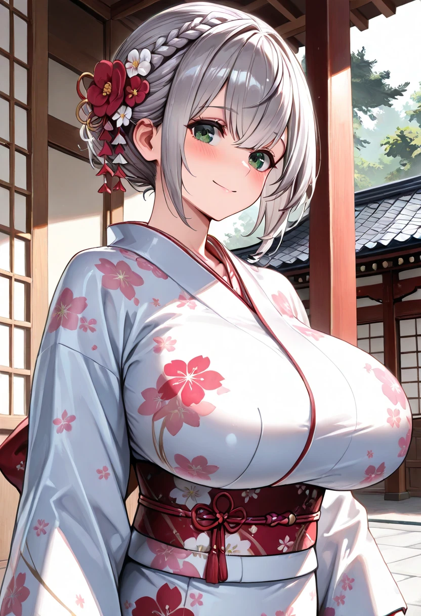 (((masterpiece, best quality))), (((superior quality))), cute girl, ((extremely detailed girl)), (huge breasts), (yukata), (bare shoulders), strapless top, slight smile