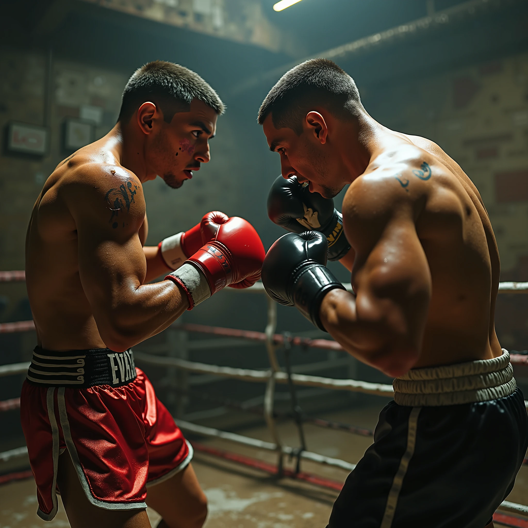 hairy Italian daddy muscle boxier with a strong chest and colossal arms and biceps, he wear a oversize white boxing gloves, laces and tapped. fighting with his adult son in a close fight, he is teaching to boxing in a small boxing gym with large mirrors where they reflect. They both look tired and sweaty. both are muscular, hairy and stronger. they are huge and be hug, sweat over his bodies