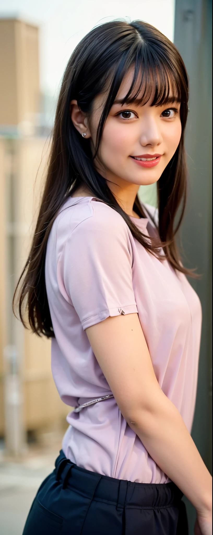 best quality, photorealistic, 8k, high res, 1girl, woman, (professional lighting), (portrait:0.6), (wearing spring blouse:1.2, long pants, make up:1.72), street style, black hair, (short hair:1.2), (1girl eyes looking at viewer:1.4), photorealistic, (bokeh), (portait:0.6), (dynamic pose:1.2), (smile:1.6),