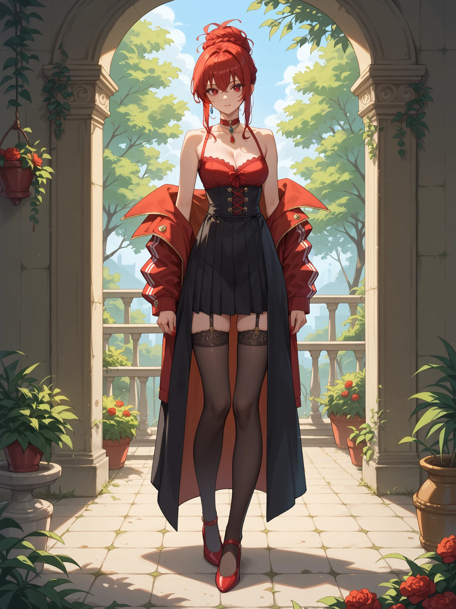 (solo 1 skinny 10 years old girl:1.4), the middle ages, (short red hair:1.5), (short dress:1.2), (plunging neckline), wiry corset (emphasize cleavage), (very short torso:1.3), (inconceivably thin narrow waist), short (brown capelet), BREAK, (flapping very short brown skirt:1.3), emphasize thigh gap, (thin long legs), BREAK, (12th Century Europe)