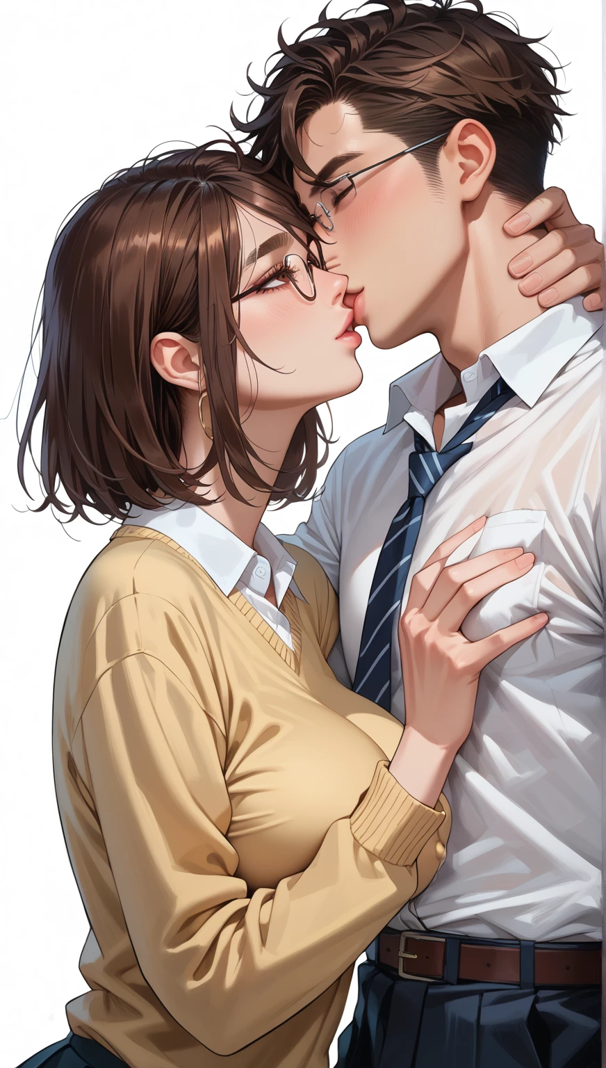 (masterpiece, best quality:1.2), a handsome men is kissing a pretty girl, the men is holding her close t him, her body presses to him, intense kiss, soft light, cinematic scenery, 1men, 1 girl