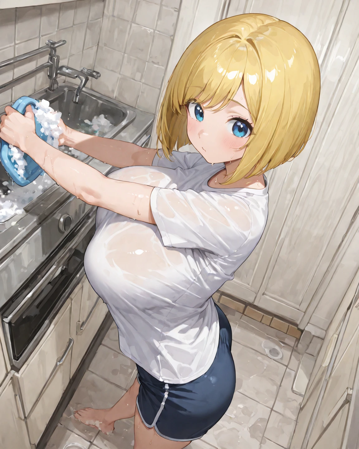1girl, nsfw, houjousatoko, short hair, blonde hair, purple eyes ,hairband, , large breasts, nipple, Walking, , Abandoned Hospital frozen, wet, crying ,, Naked, , (1girl) , Peeing, lactation, projectile lactation