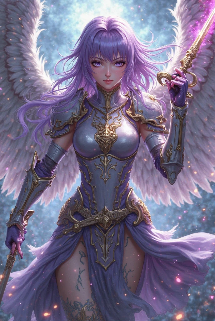 a one woman, purple hair, sitting on top of a very high mountain, cloudy sky, battle armor, beautiful breasts, rays on the horizon, epic scene, solemn countenance, Fantasy world, birds flying.