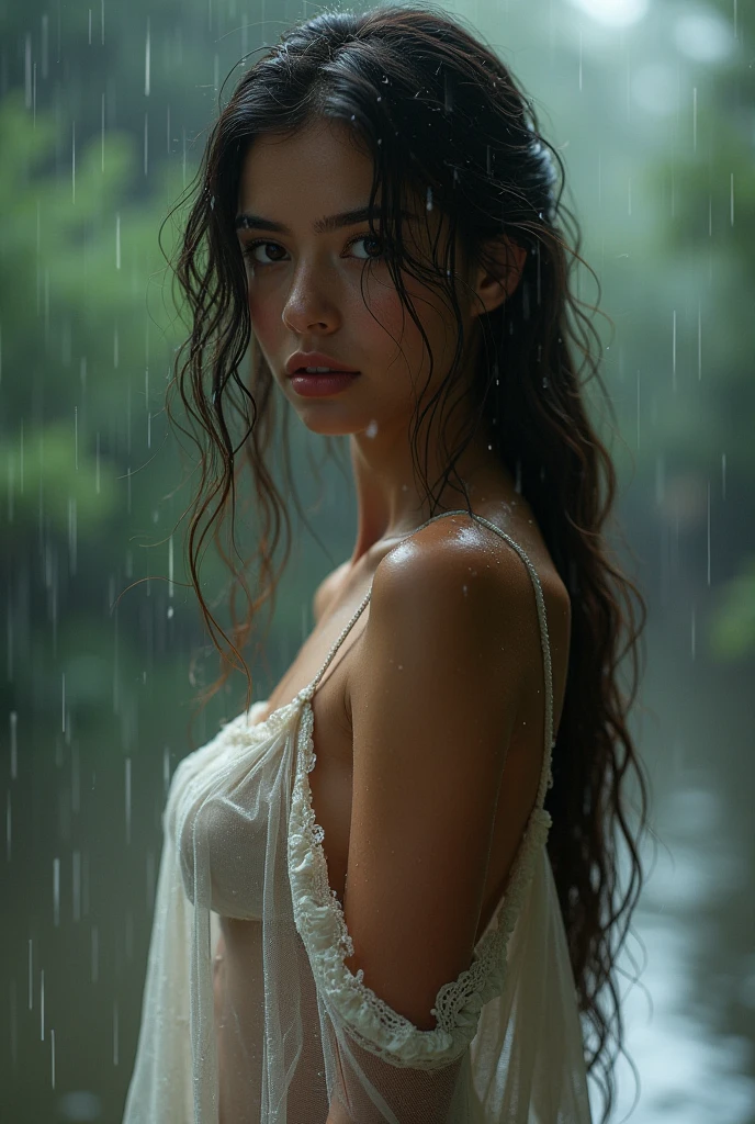 The girl is wet in the rain, a very beautiful girl, it is raining heavily