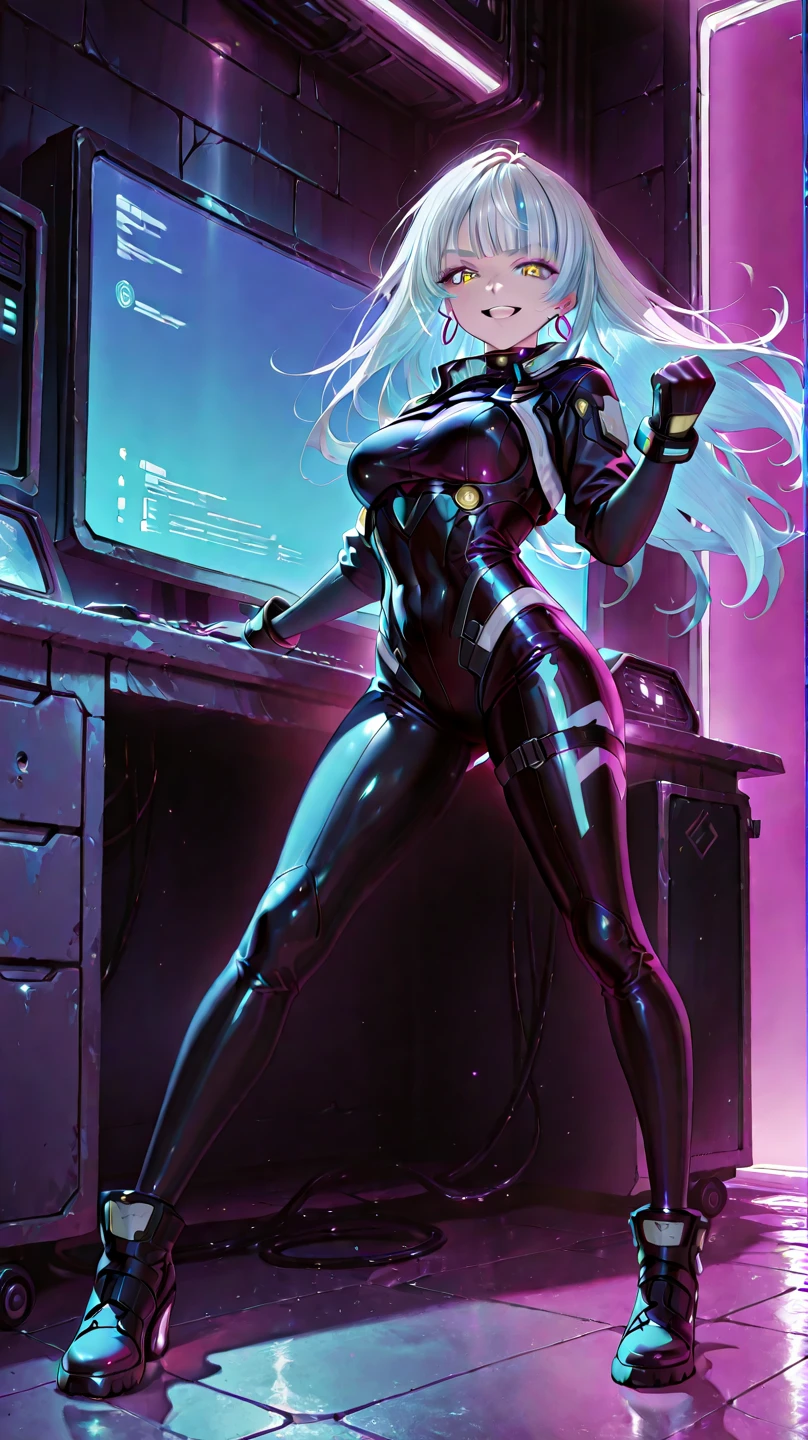(rear view, backside view),(Obra maestra: 1.4), (8K, realista, foto cruda, La mejor calidad: 1.4), 1 chica, solo,(background alley walls big stones cyberpunk :1.4), (cabello rosado perfecto:1.4), (आहाना:1.4) ,(D.va (Song Hana) Song Hana :1.4), pelo largo, By the chestnut, (Auriculares:1.4) ,(white and blue latex pilot suit :1.4), marcas de bigotes, Hombreras, mono azul, body acanalado, Huella animal, escritura de ropa, mangas largas, guantes blancos, sonriente, de pie, tiro de vaquero, mirando al espectador, score_9, score_8_up, score_7_up, score_6_up, rating_explicit, 1girl, ((18YO:1.2)), Adult, full lips, big clear eyes, light blue eyes, ((blond hair:1)), (long wavy hair: 1.2),(Song Hana:1.4), (D.va (Song Hana) Song Hana V2.1), (background laboratory industrial chemical robotics :1.4),( mostrando su trasero hermoso),(hermosos ojos azules :1.4), (Detalles de la cara: 1.5, ojos azules brillantes, hermoso rostro, ojos bonitos, Contorno del iris, labios delgados: 1.5, Thin, sharp pale eyebrows, Long, dark eyelashes, double tabs),