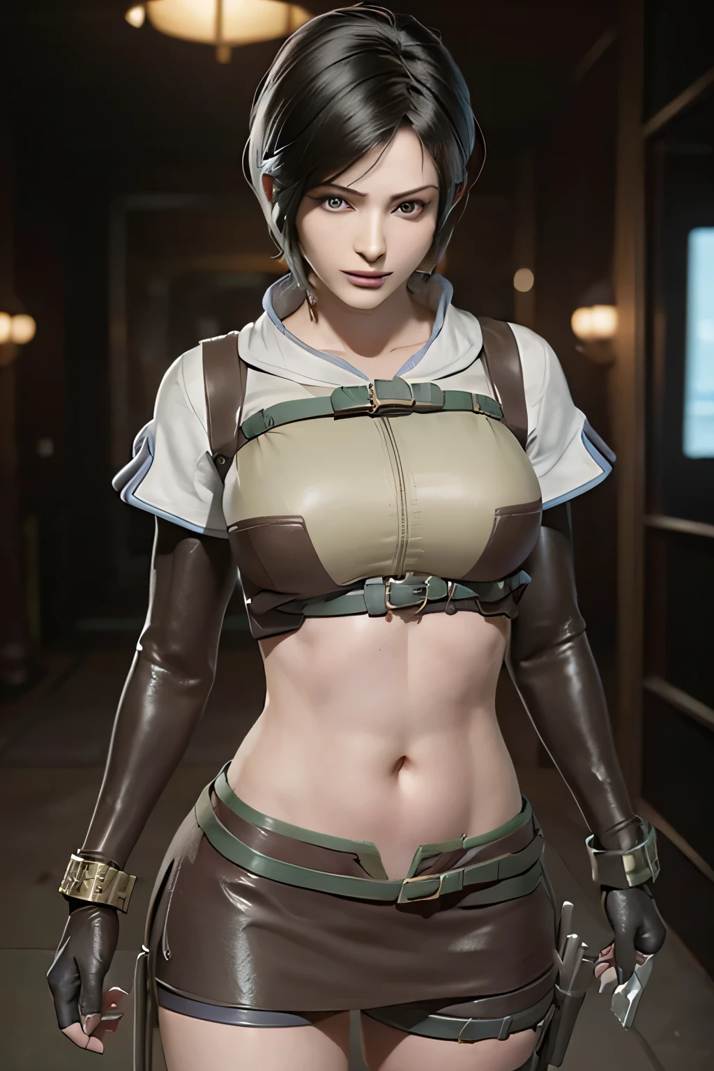 (Resident Evil Ada1.5),(Ada,cool lady),expensive,plump breasts,Has a well-proportioned body shape,{{{chopped}}},Japanese warrior,warrior armor,woman warrior,{{{cyberpunk city}}},expensive home,{{{neon light}}},best quality