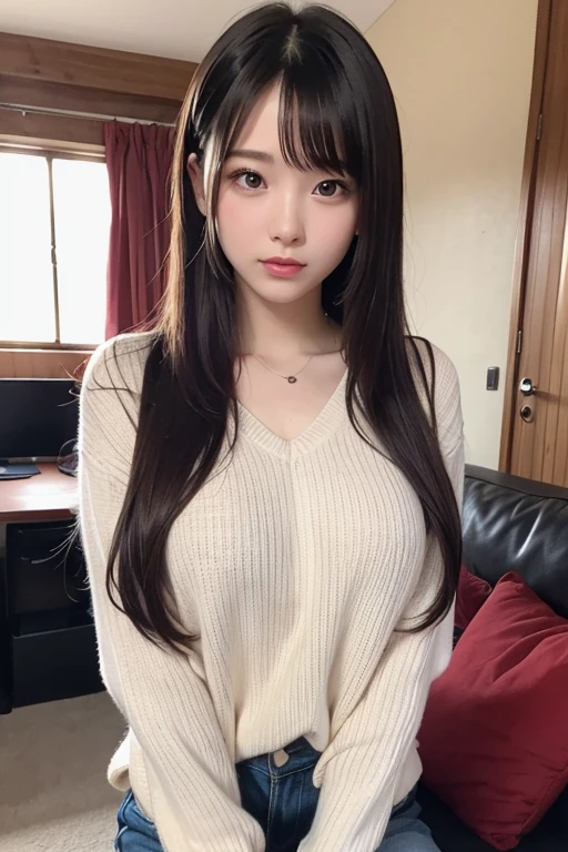 randome pose、top-quality、超A high resolution、(Photorealsitic:1.5)、女の子1人、Red Sweater、(Brown hair:1.2)、(huge-breasted:1.2)、Classroom、looking at viewert、a closeup、full body Esbian、Nasty eyes